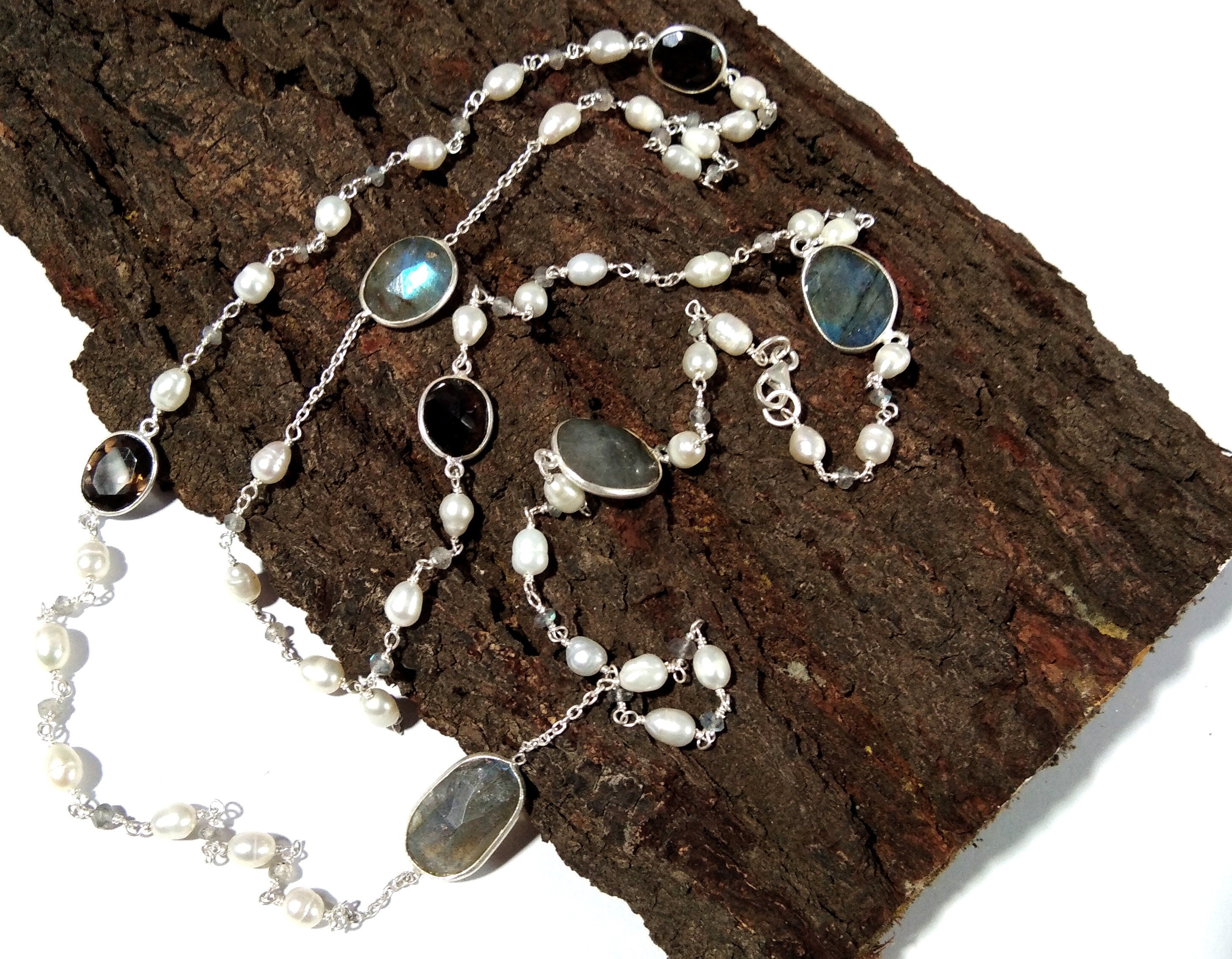 36'' Inch Log Beaded Necklace ! Lebradorite Necklace With Pearl & Smoky Quartz, 925 Sterling Silver Jewelry, Handmade Beaded Necklace.
